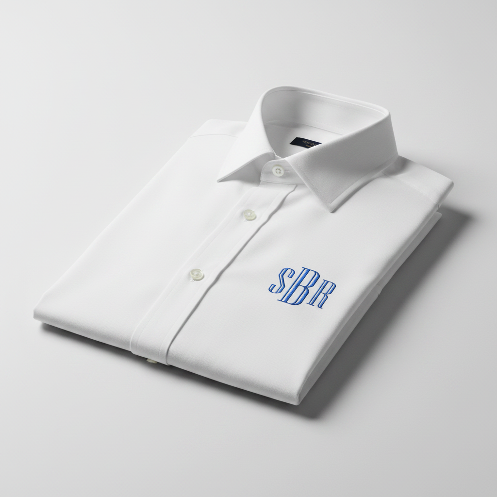 Engraved monogram embroidery tren ao so mi trang