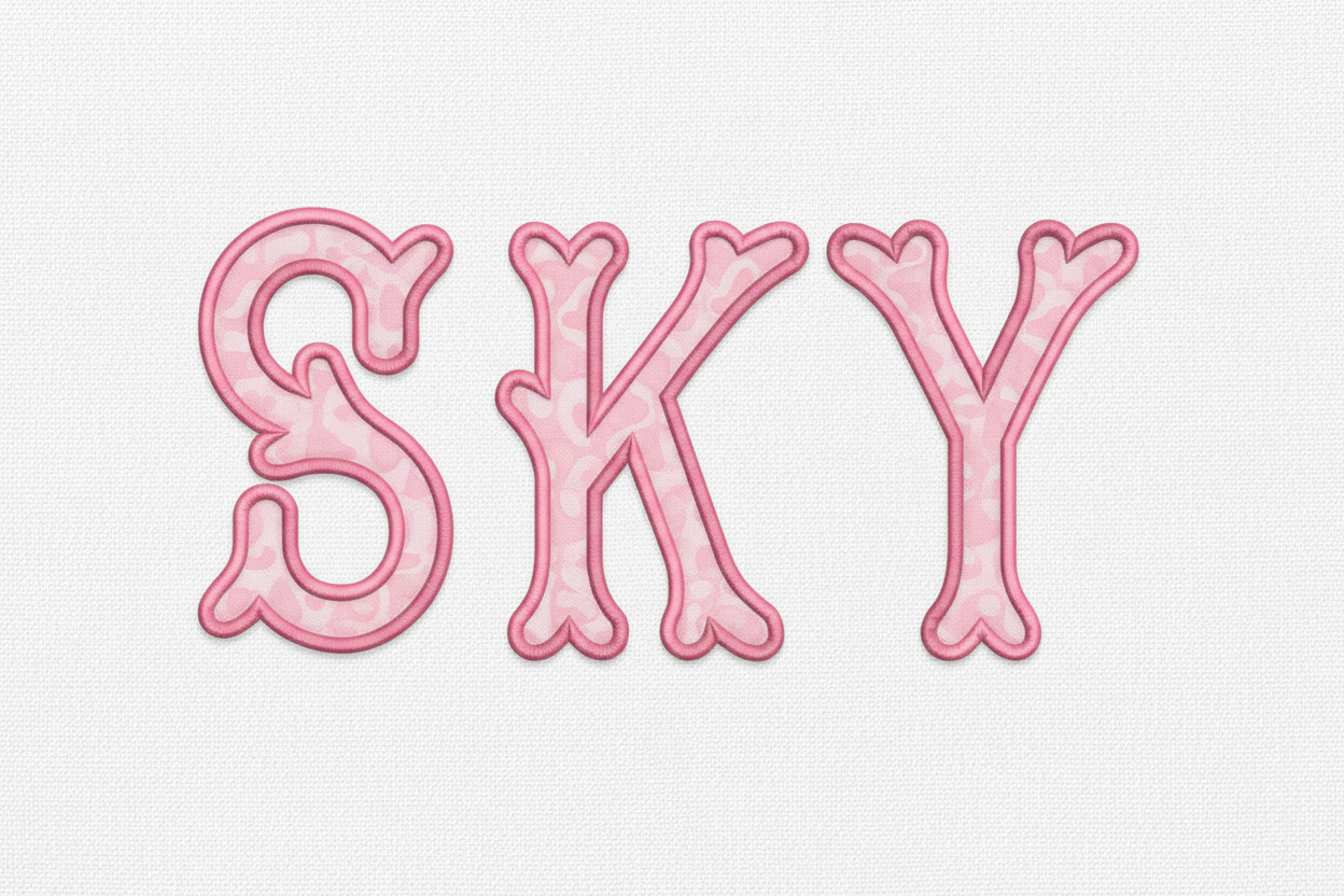 SKY heart applique embroidery font on white fabric