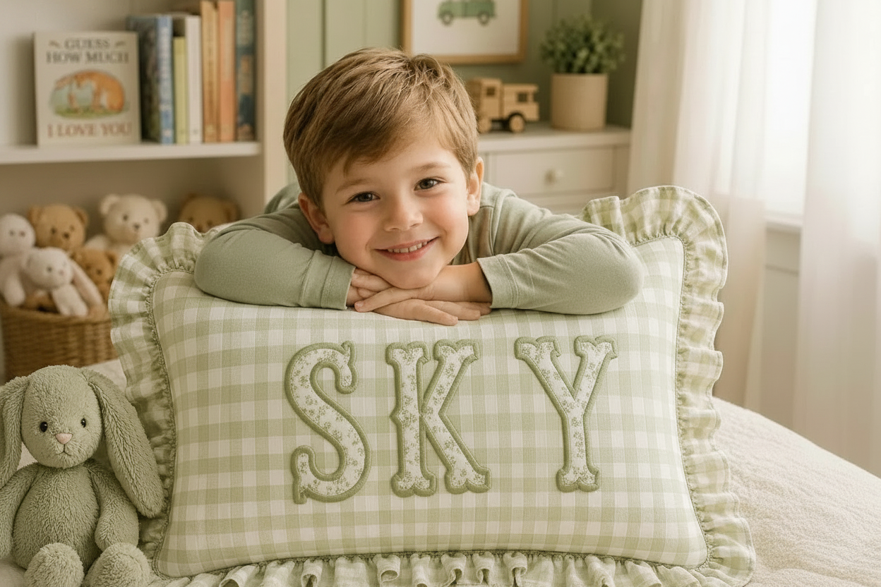 SKY heart applique embroidery font on sage green gingham pillow