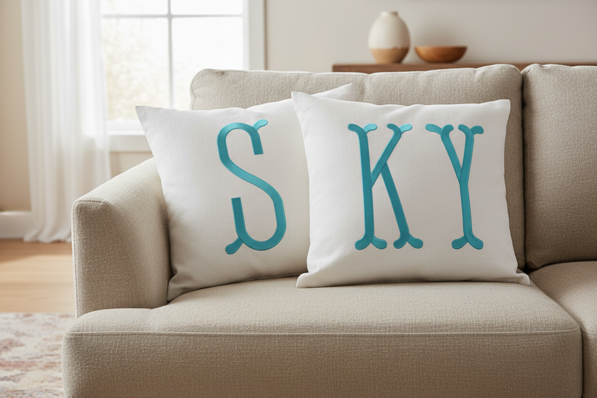 Fishtail embroidery font on linen pillows on sofa