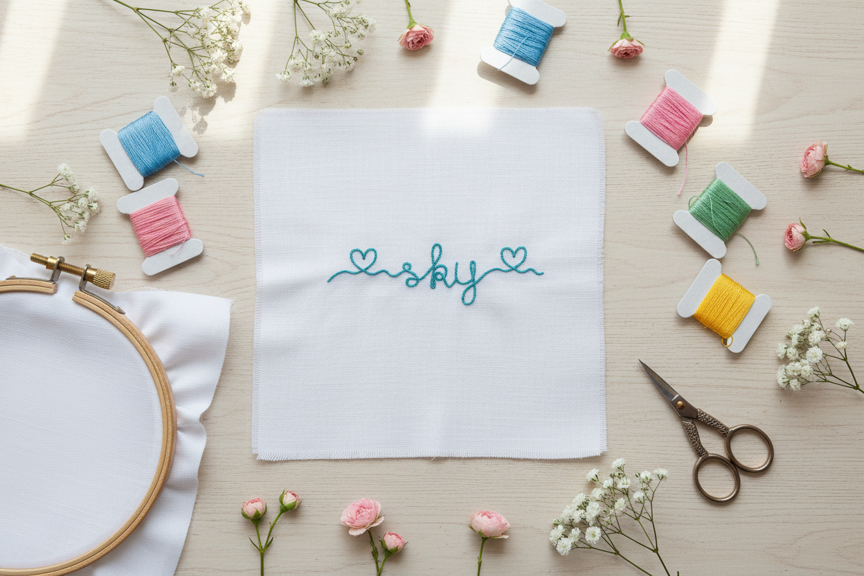 Baby Heart Embroidery Font - Artistic flat lay mockup