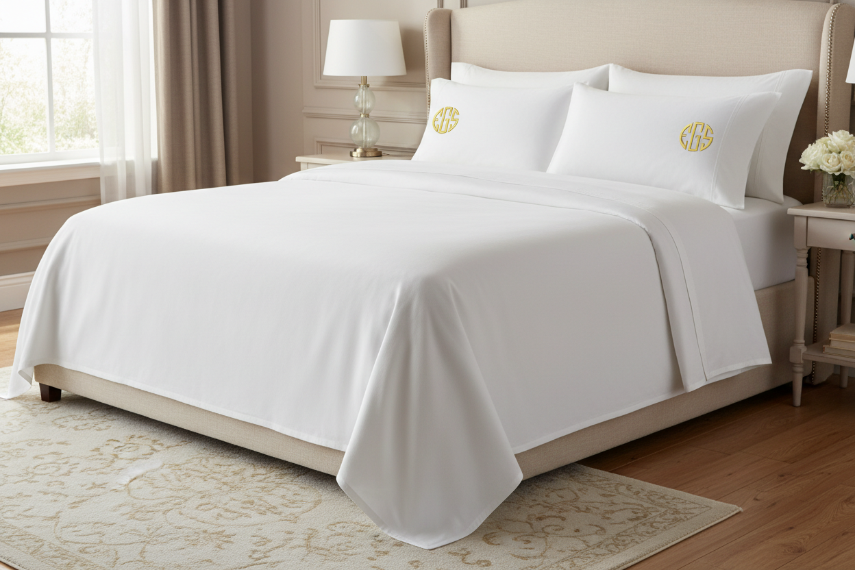Embroidered gold circle monogram EGS on bed sheets