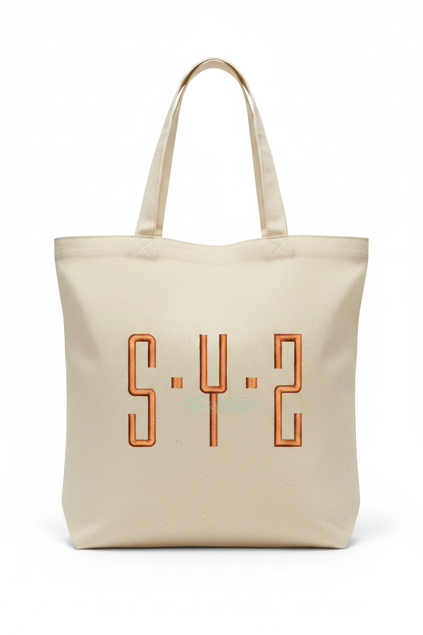 Embroidered copper geometric block monogram SYP on tote bag