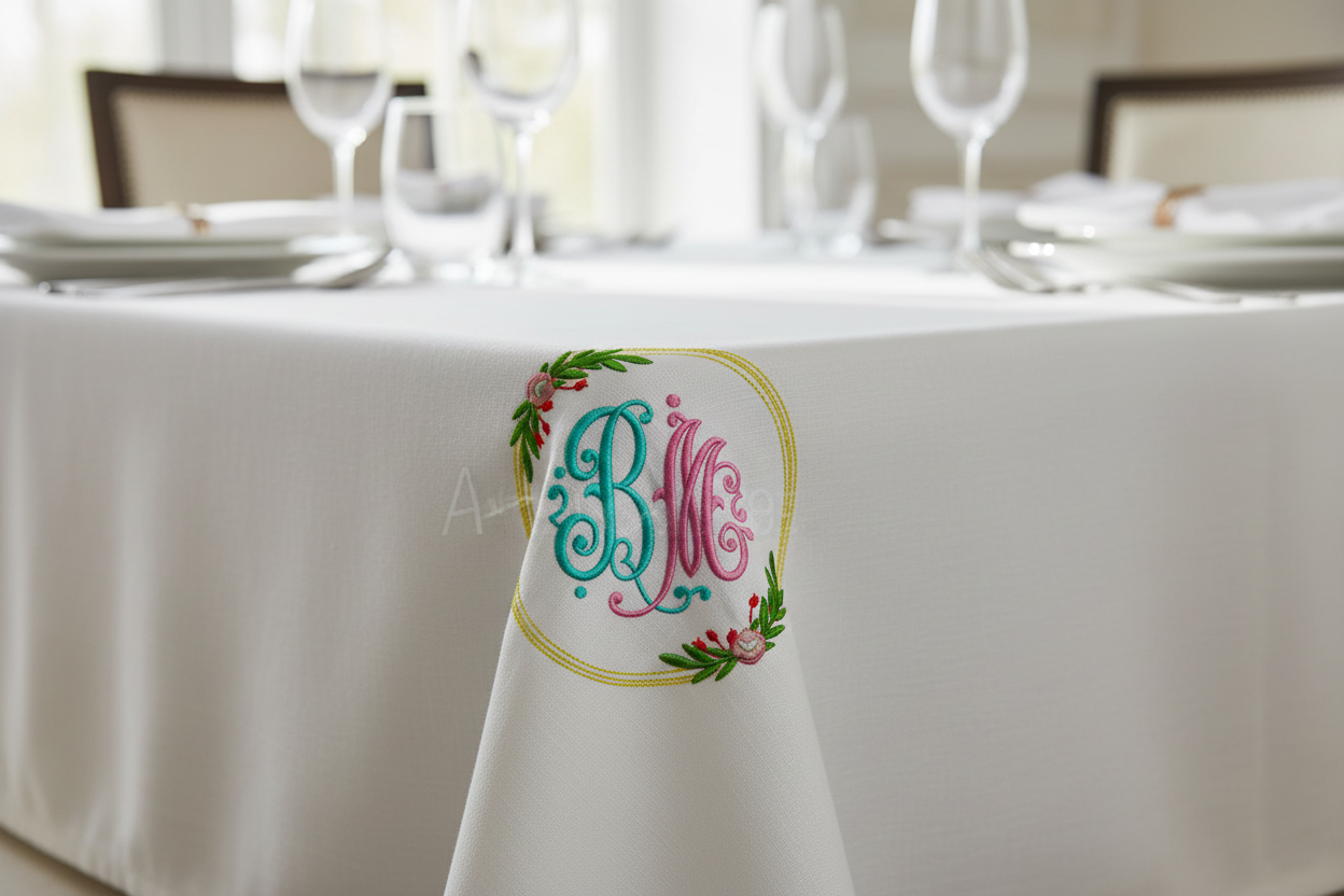 Embroidered floral monogram BM on tablecloth