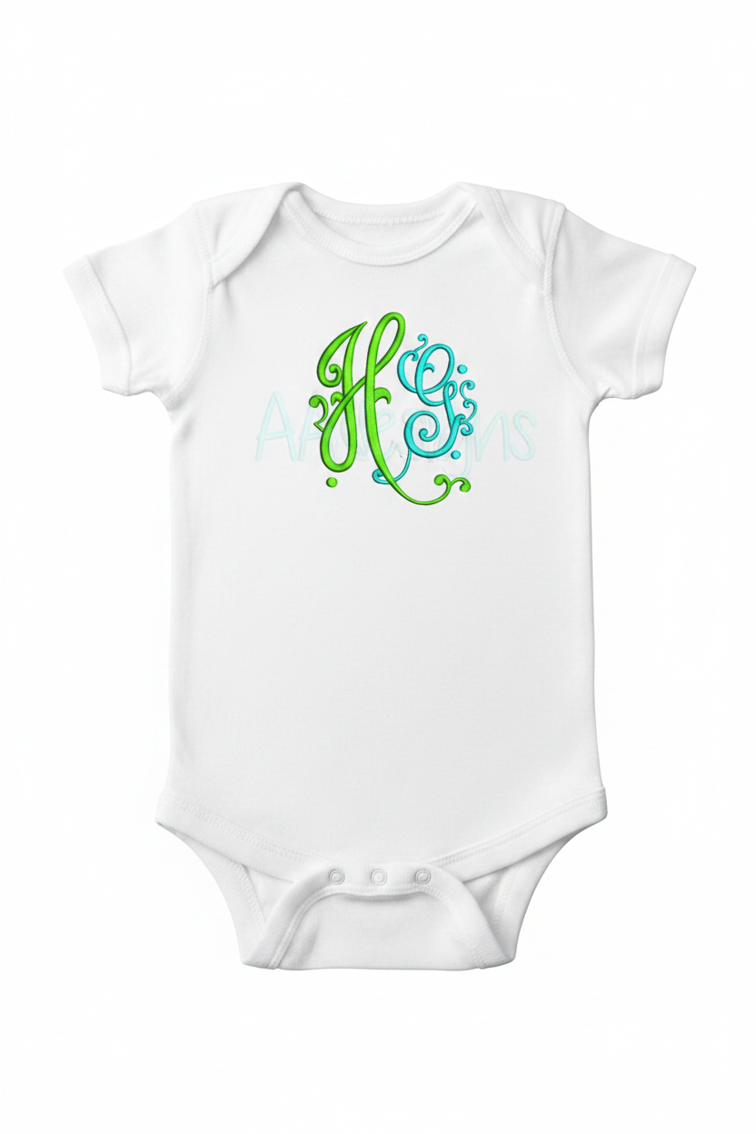 Embroidered HG monogram on baby onesie