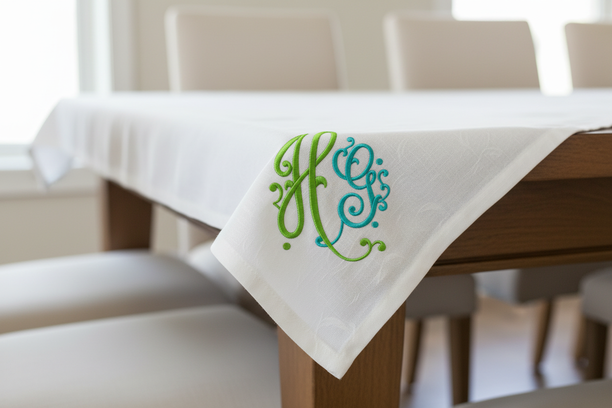 Embroidered HG monogram on tablecloth