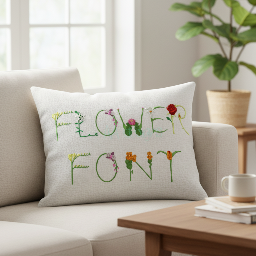 Flower summer embroidery font on decorative pillow