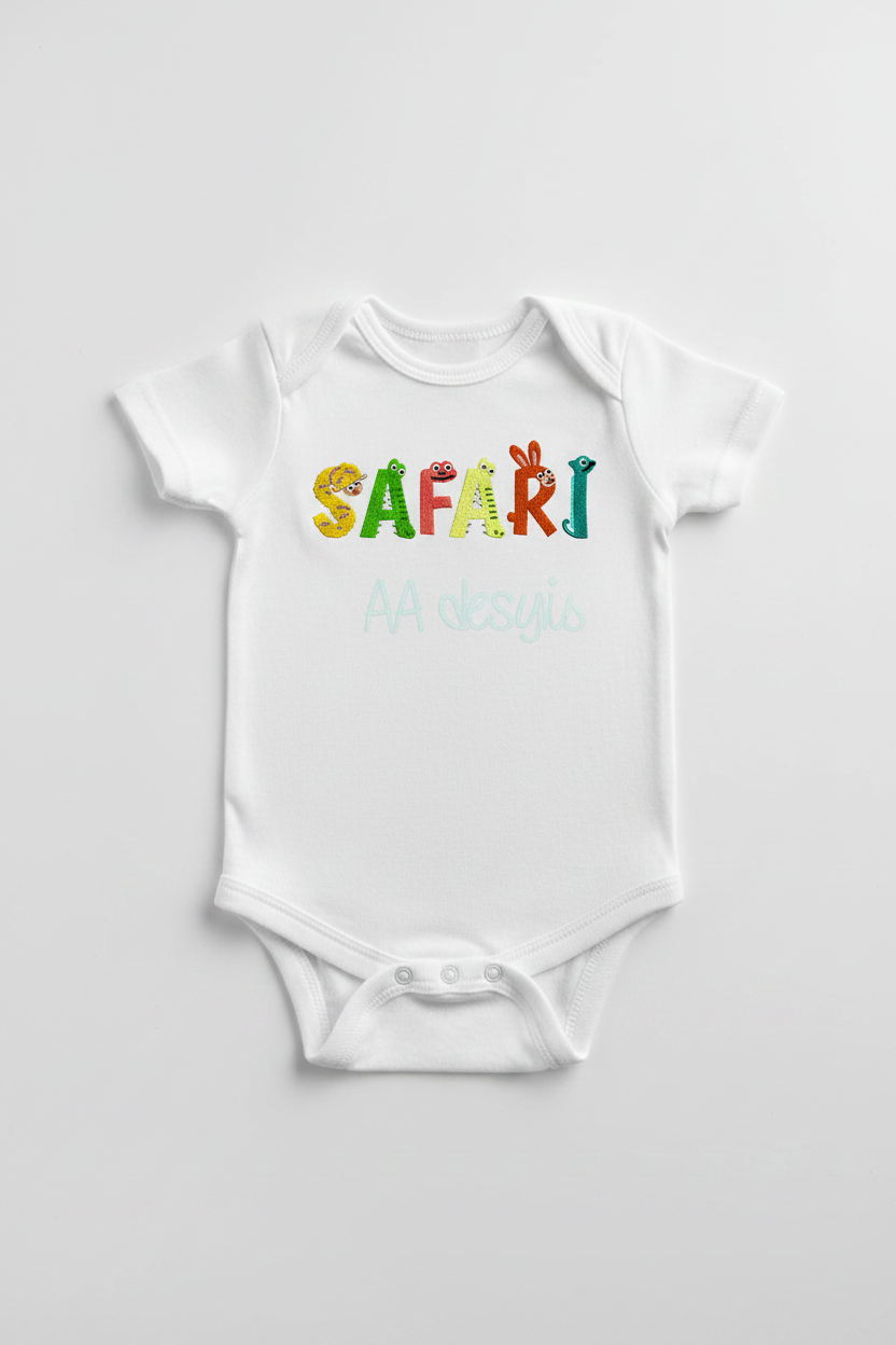 Safari embroidery font mockup on baby onesie