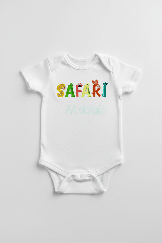 Safari embroidery font mockup on baby onesie