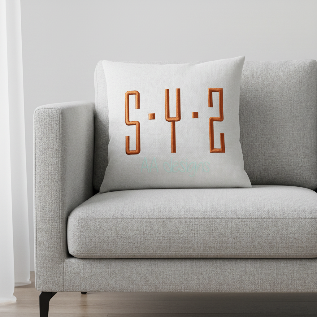 Embroidered copper geometric block monogram SYP on pillow