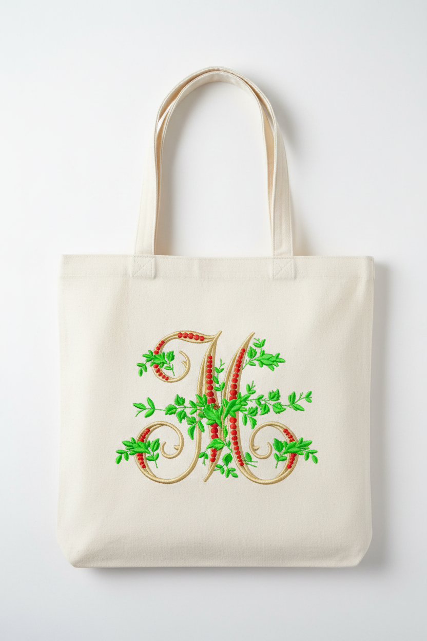 Floral embroidery font mockup on tote bag