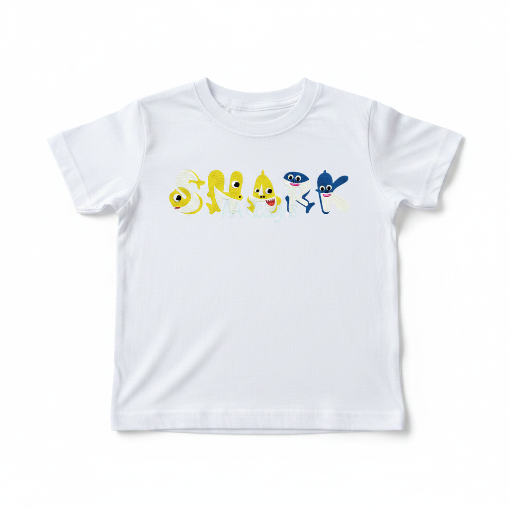 Baby Shark embroidery font on kids t-shirt