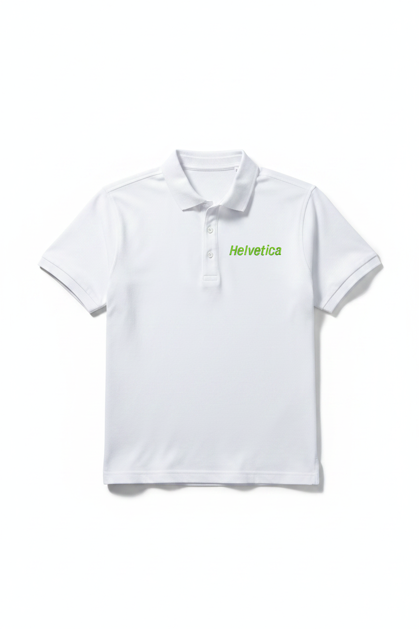 Embroidered Helvetica italic font in green on white polo shirt