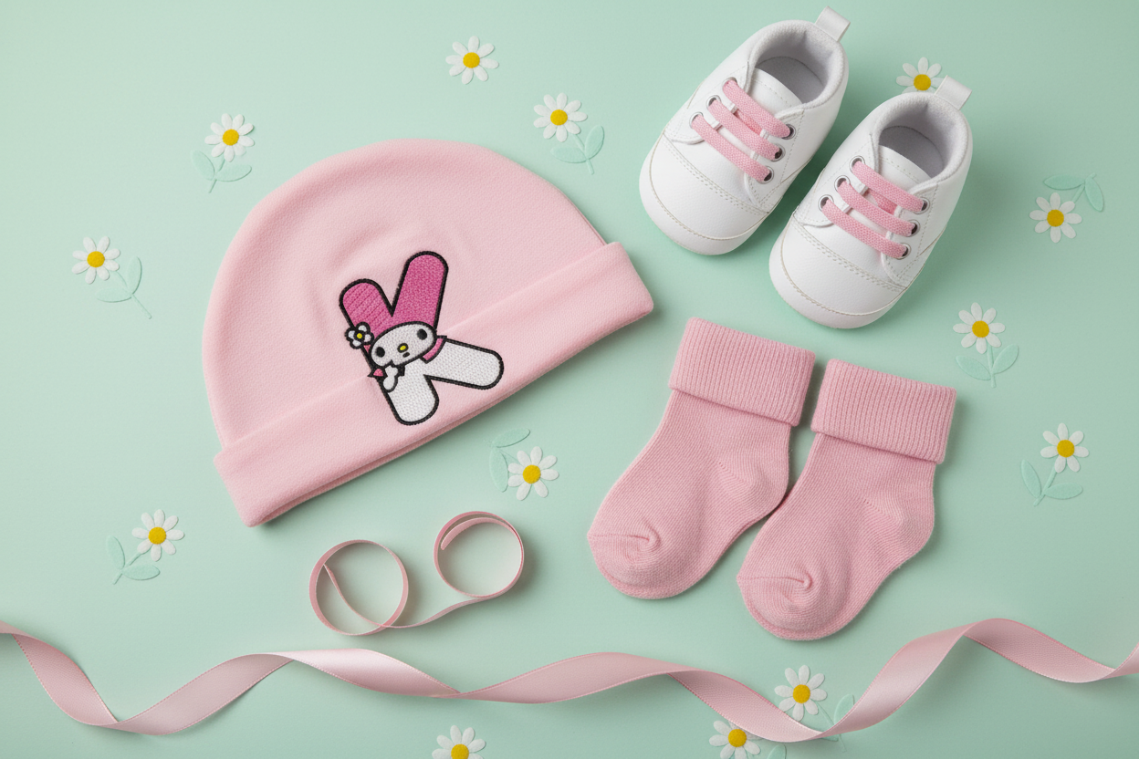 Kitty Embroidery Font on baby hat and socks