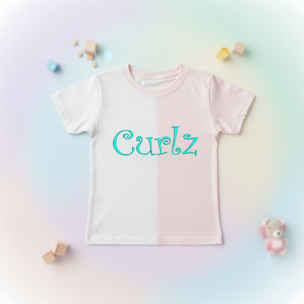 Curl embroidery font on kids t-shirt