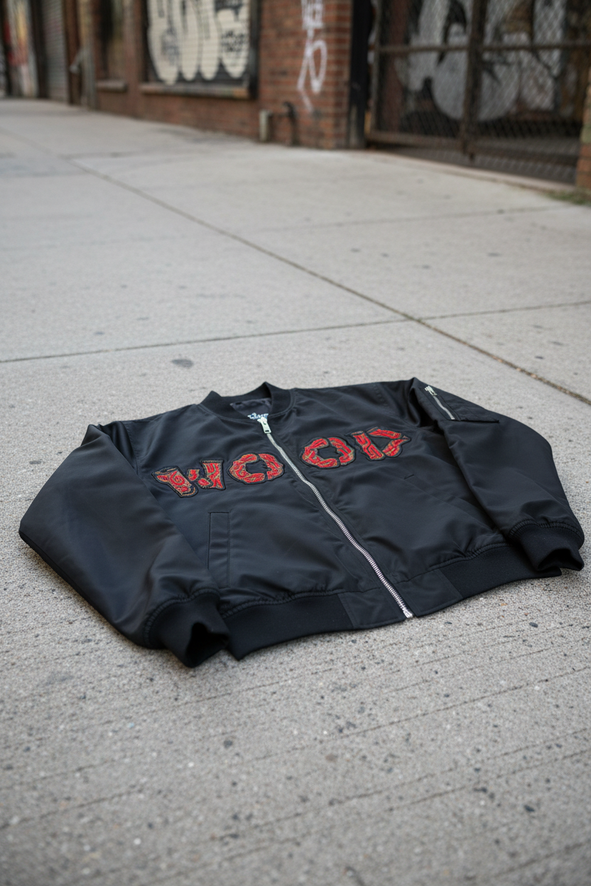 Wood applique embroidery on bomber jacket