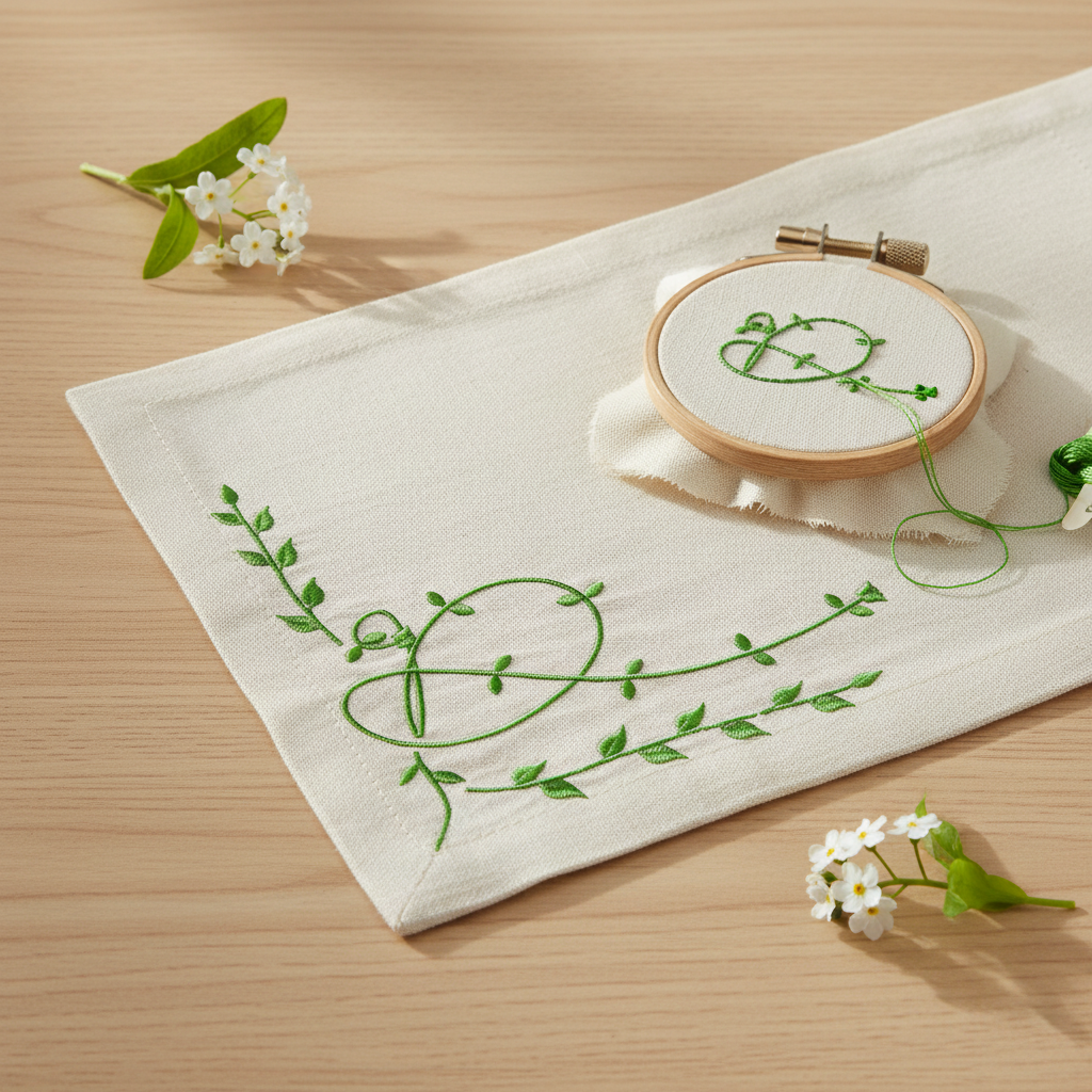 Green botanical vine embroidery stitched on an ivory linen napkin