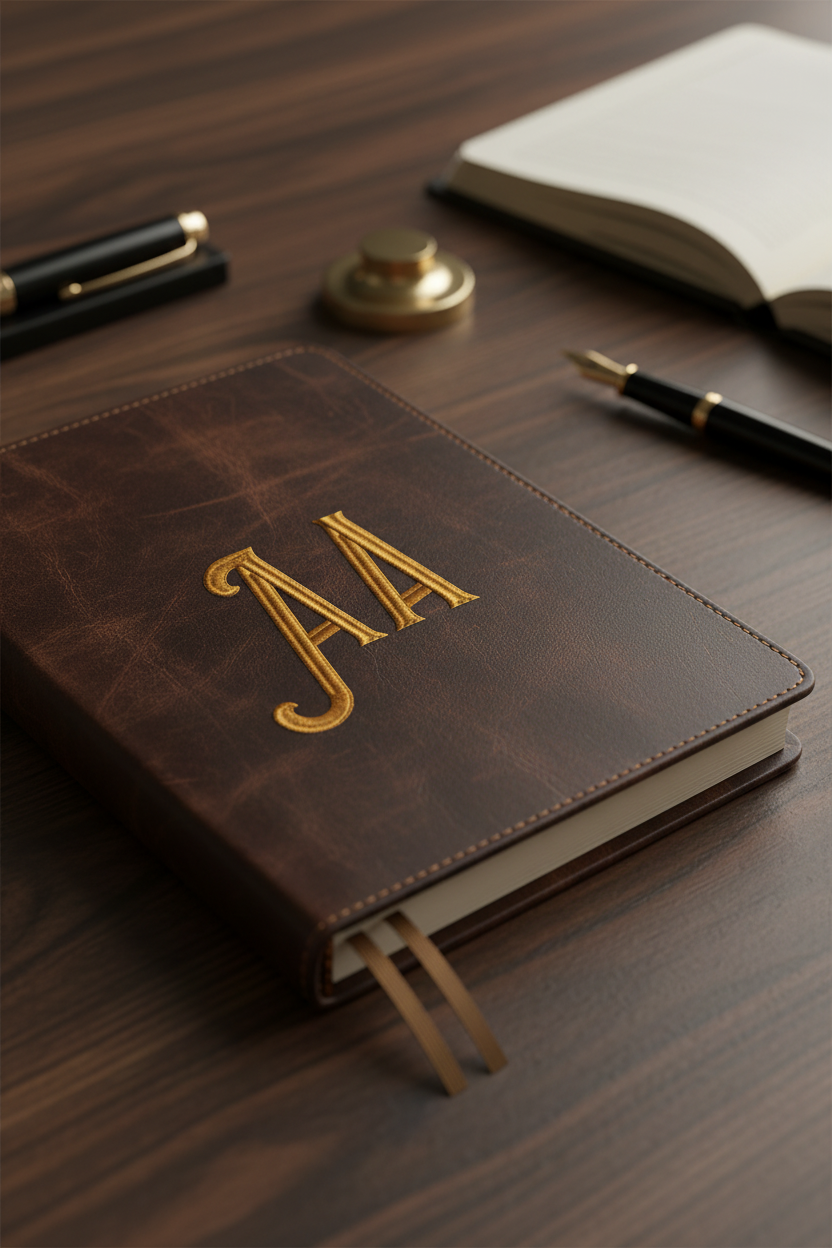 Cowboy embroidery font on leather notebook