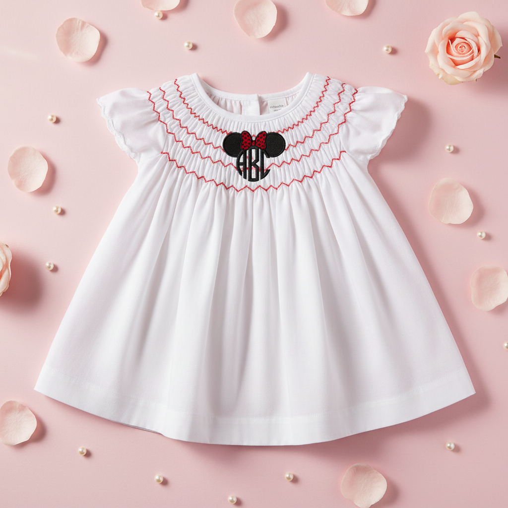 Minnie Mouse monogram embroidery flat lay with rose petals on pink background