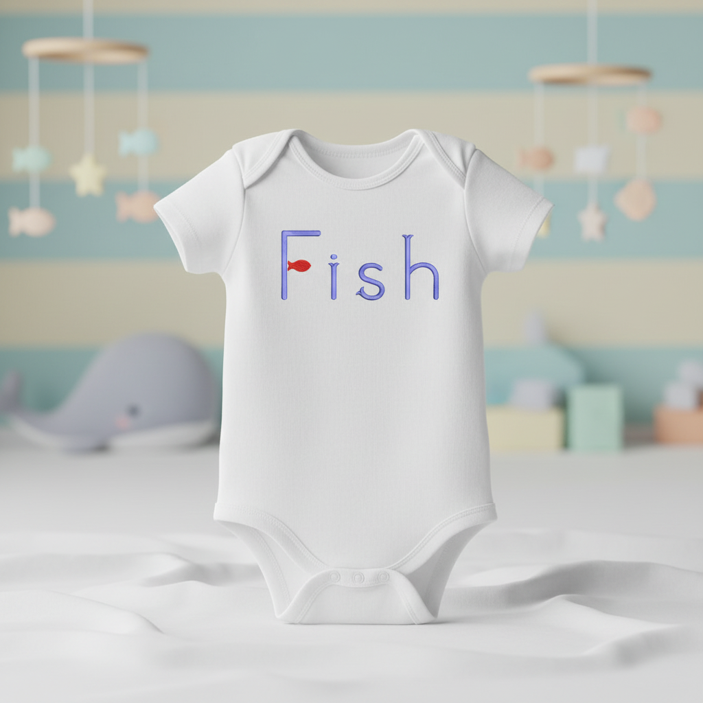 Fish embroidery font on baby onesie