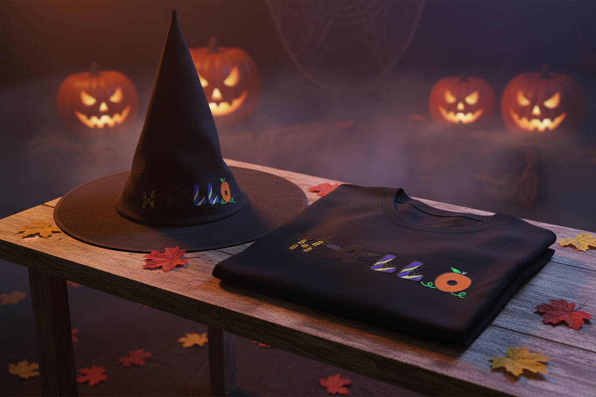 Halloween embroidery font mockup on black t-shirt and witch hat