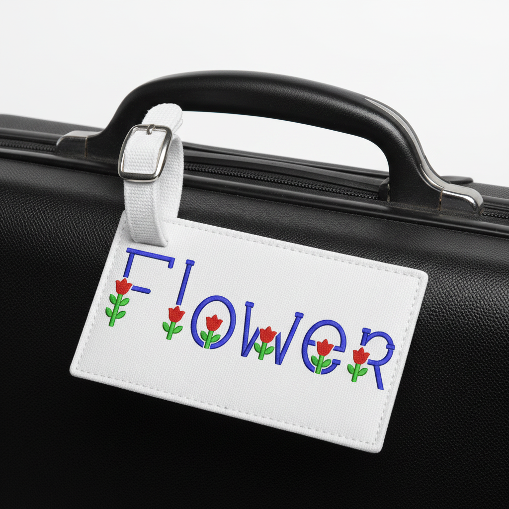 Flower embroidery font on bag tag