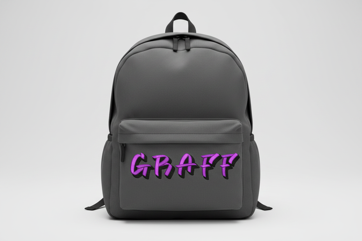 3D Puff Graffiti Font GRAFF on backpack