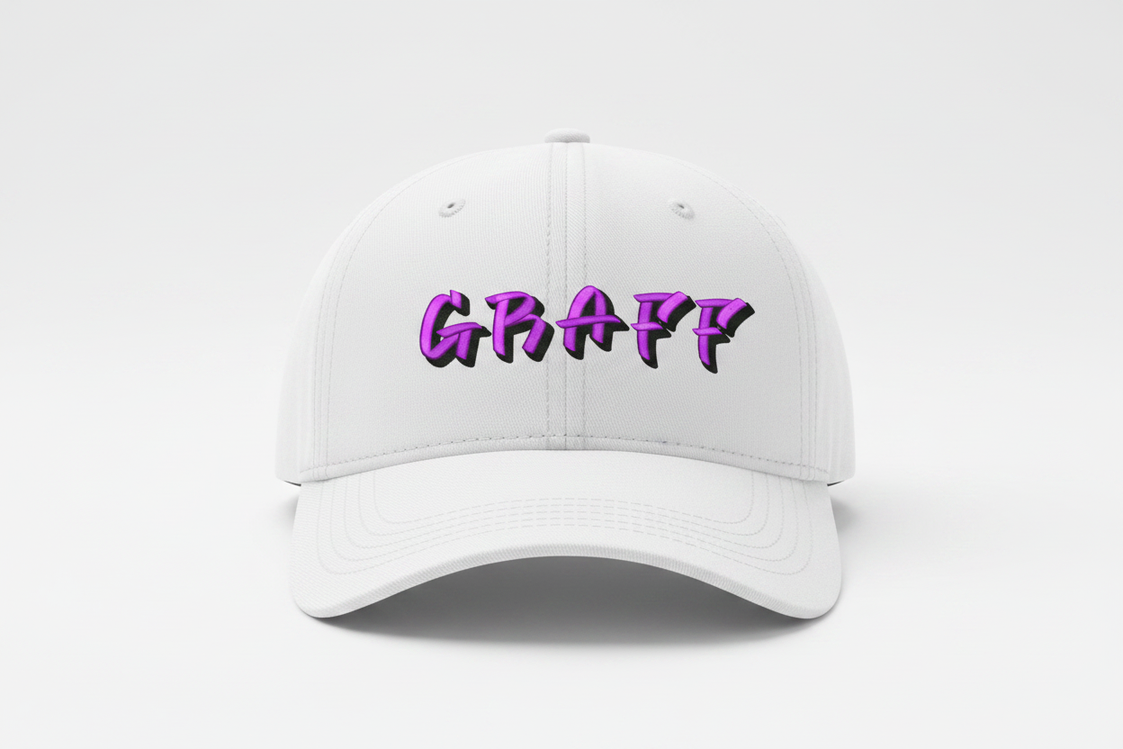 3D Puff Graffiti Font GRAFF on white cap