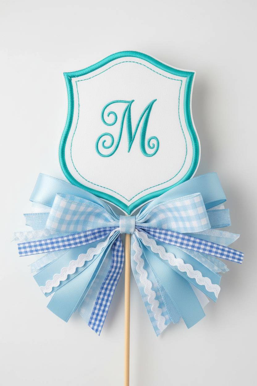 ITH Shield Shape Bag Tag - Teal double-line với nơ xanh nhiều lớp, chữ M monogram
