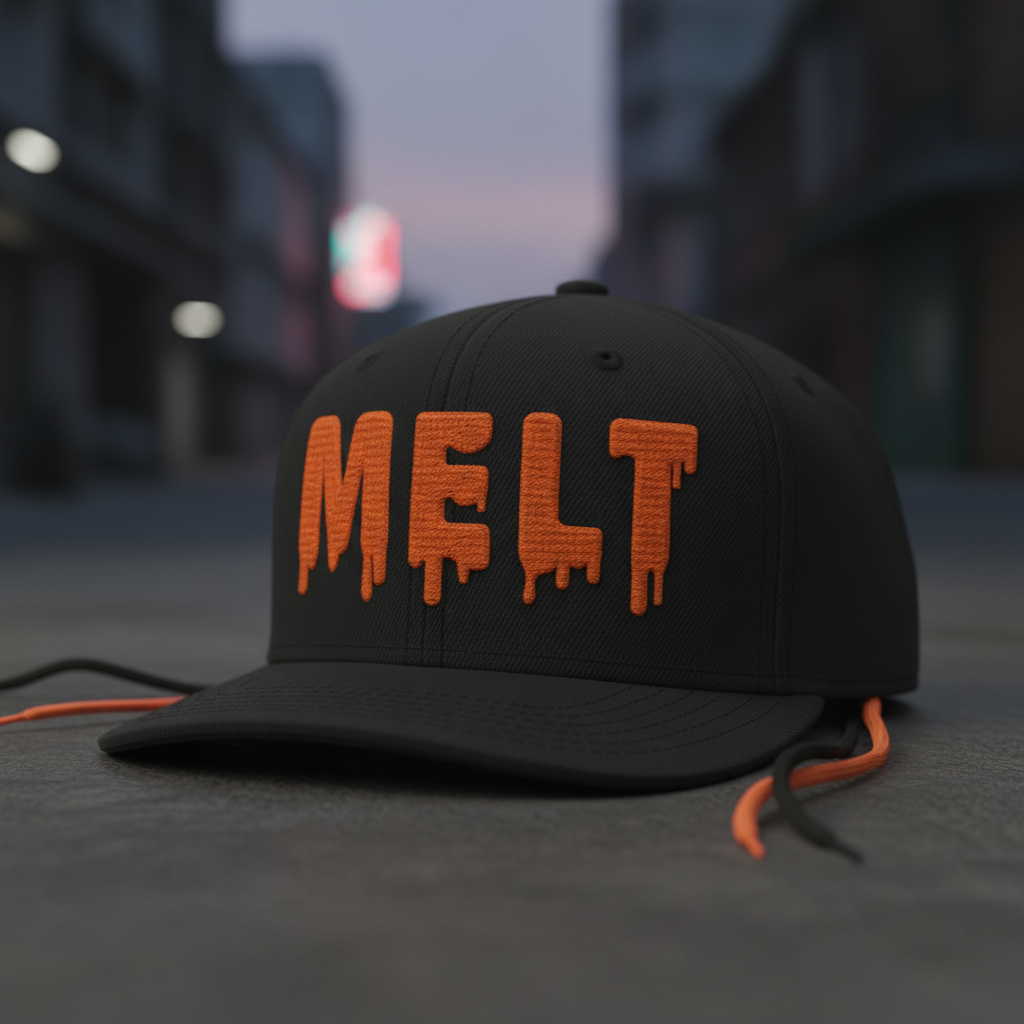 Melt embroidery font on black snapback cap