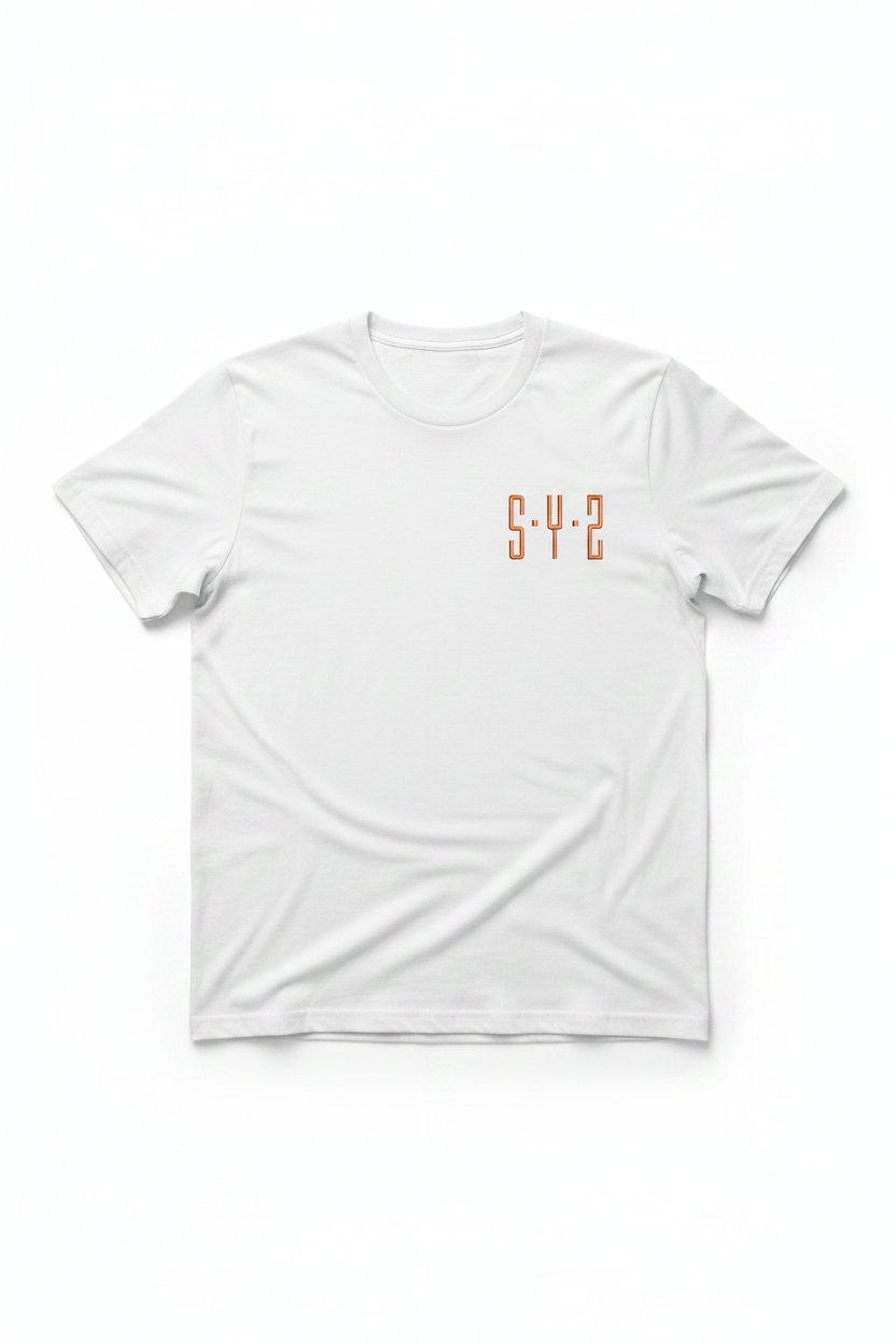 Embroidered copper geometric block monogram SYP on t-shirt