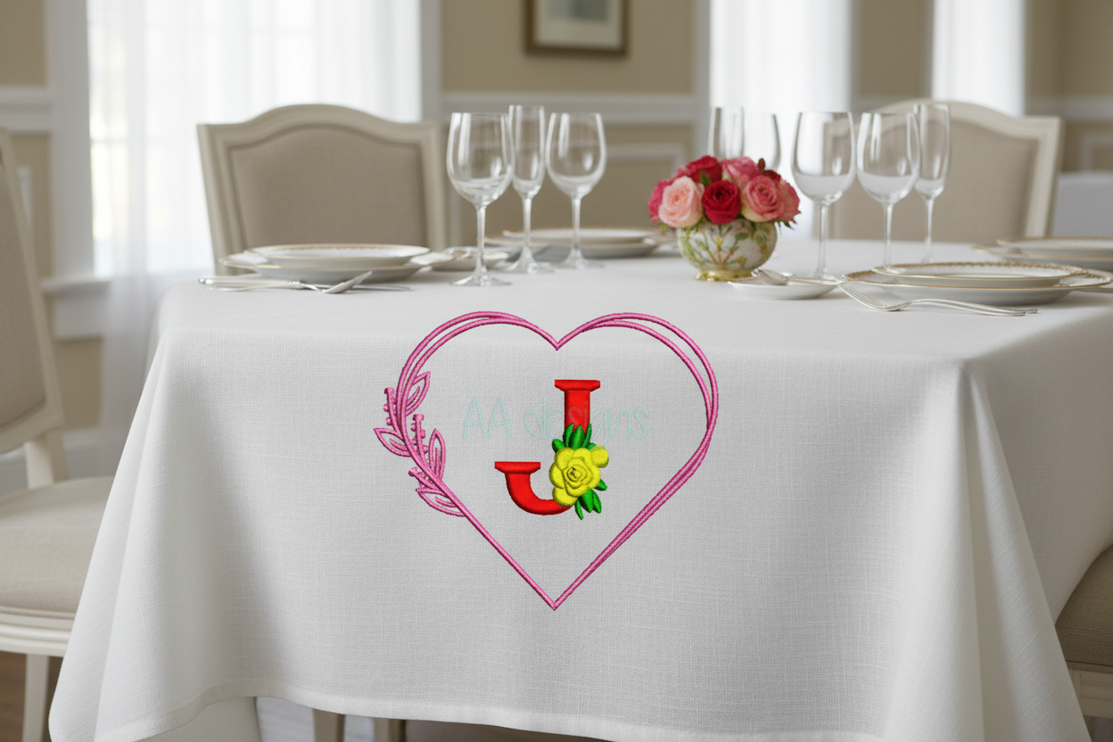 Heart monogram J embroidery on tablecloth