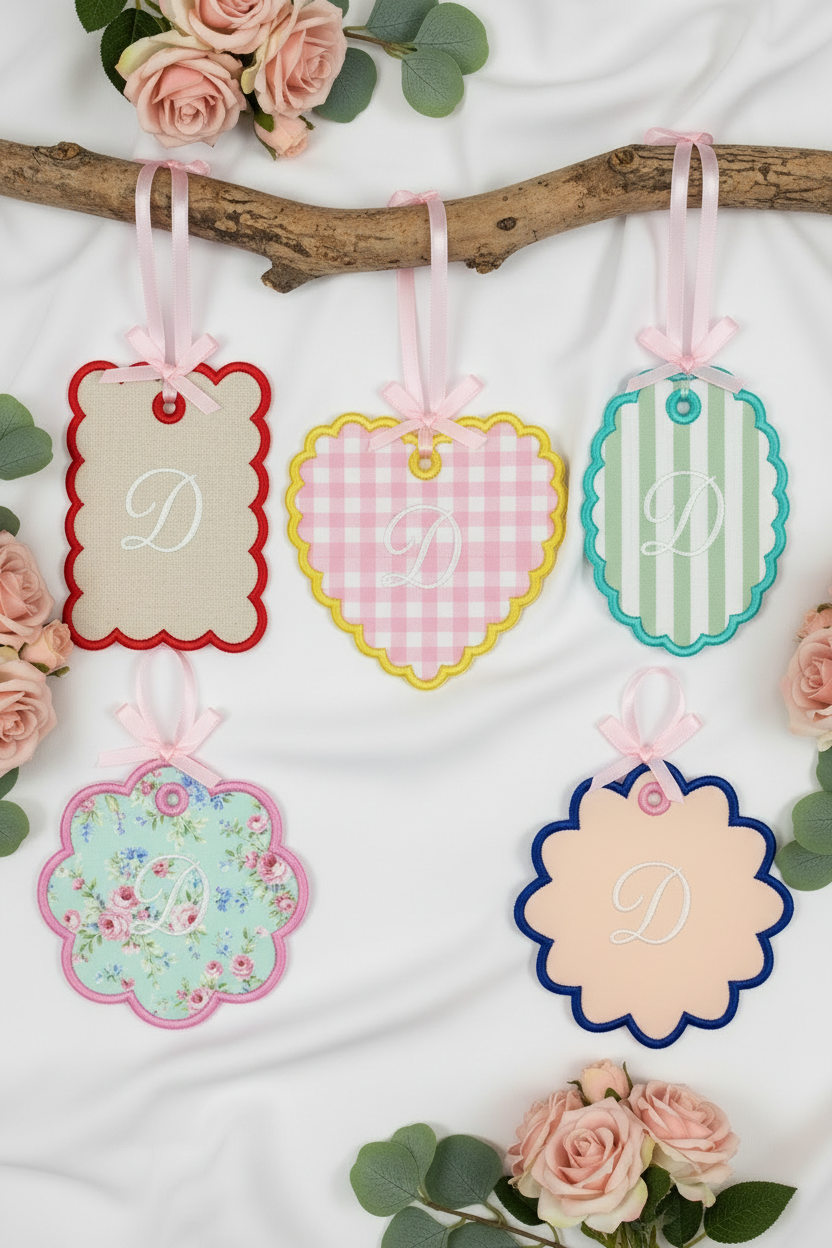 ITH Scallop Bag Tag - 6 shapes hanging on wooden branch with pastel ribbons
