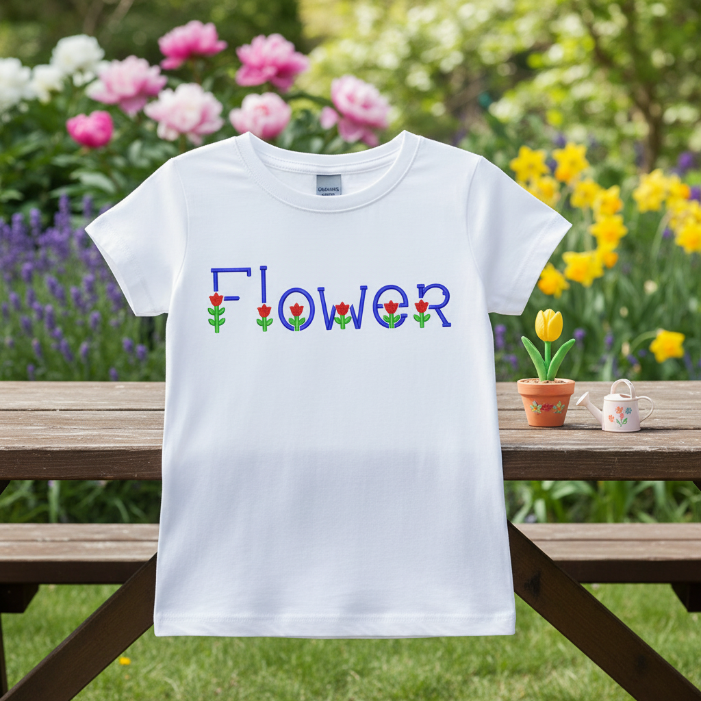 Flower embroidery font on kids dress