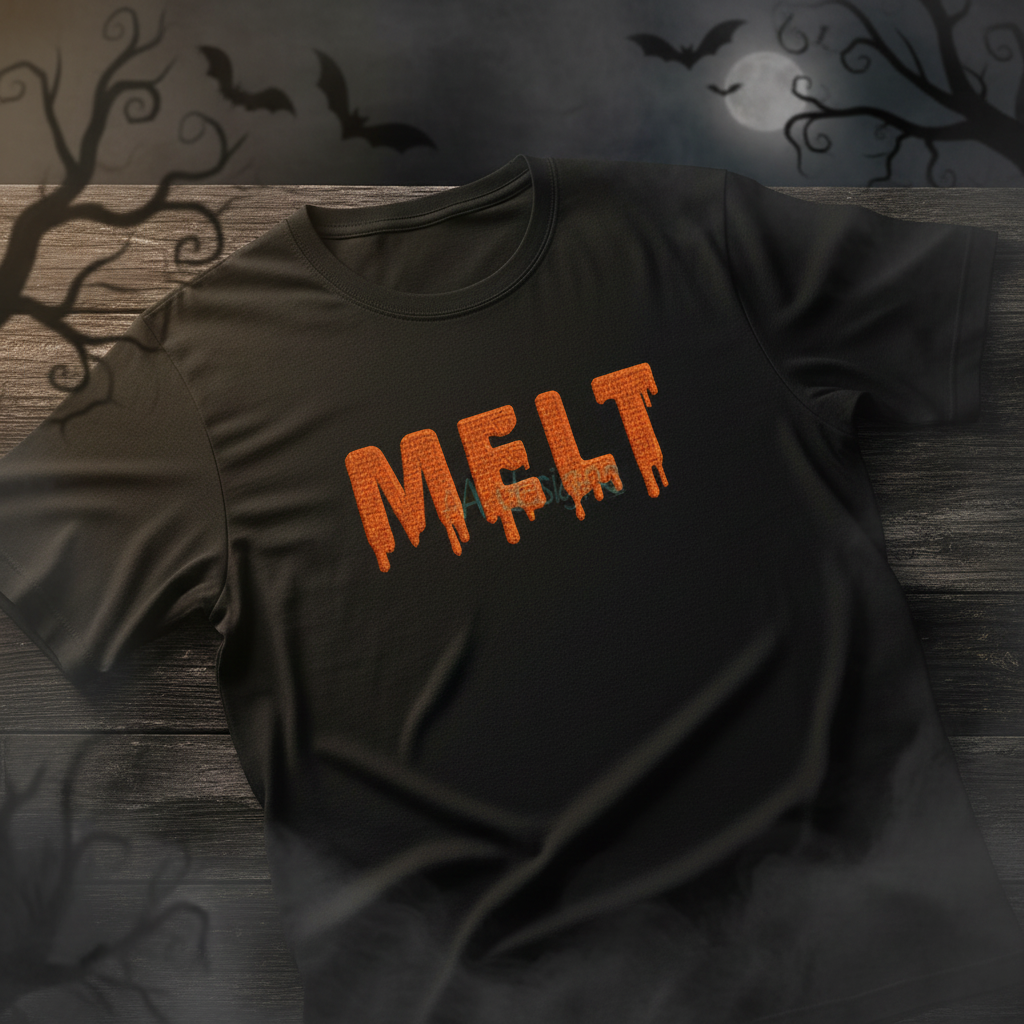 Melt embroidery font on Halloween t-shirt