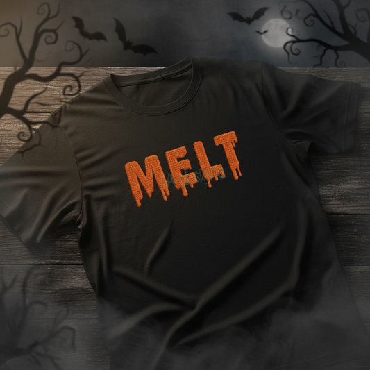 Melt embroidery font on Halloween t-shirt
