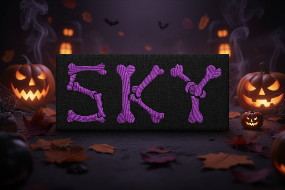 Bone Halloween embroidery font mockup - purple bone letters on dark Halloween background