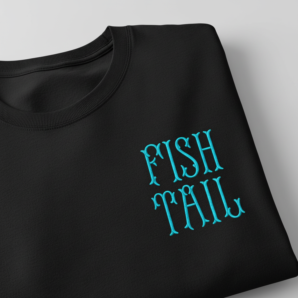 Fishtail embroidery font mockup on black t-shirt