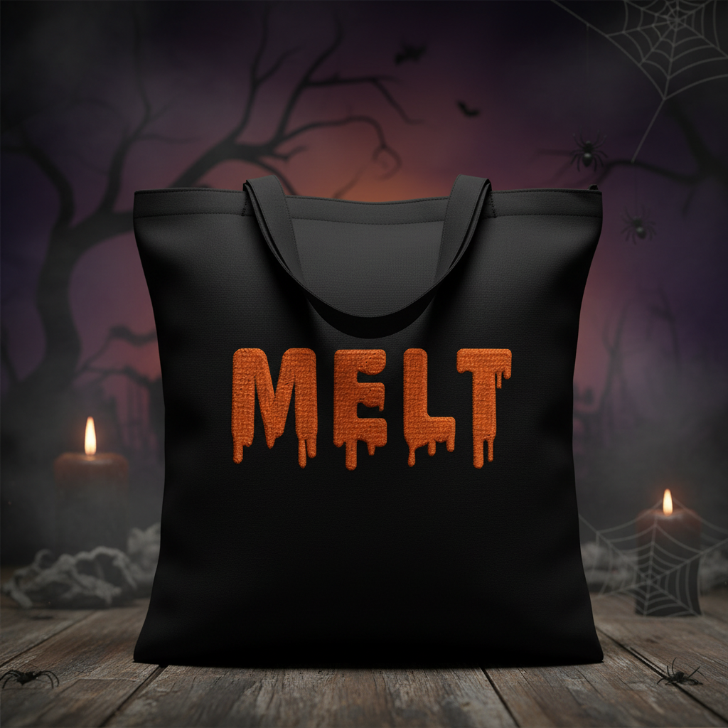 Melt embroidery font on black tote bag