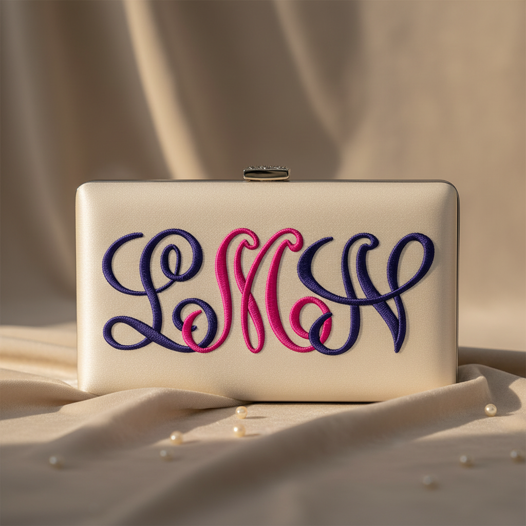 Script embroidery font on clutch bag