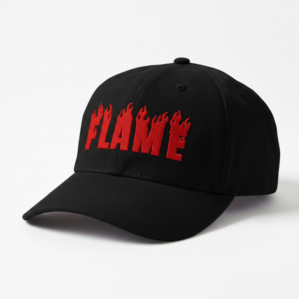 Mockup thêu FLAME trên nón