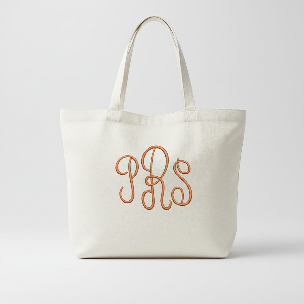 PRS monogram embroidery on tote bag
