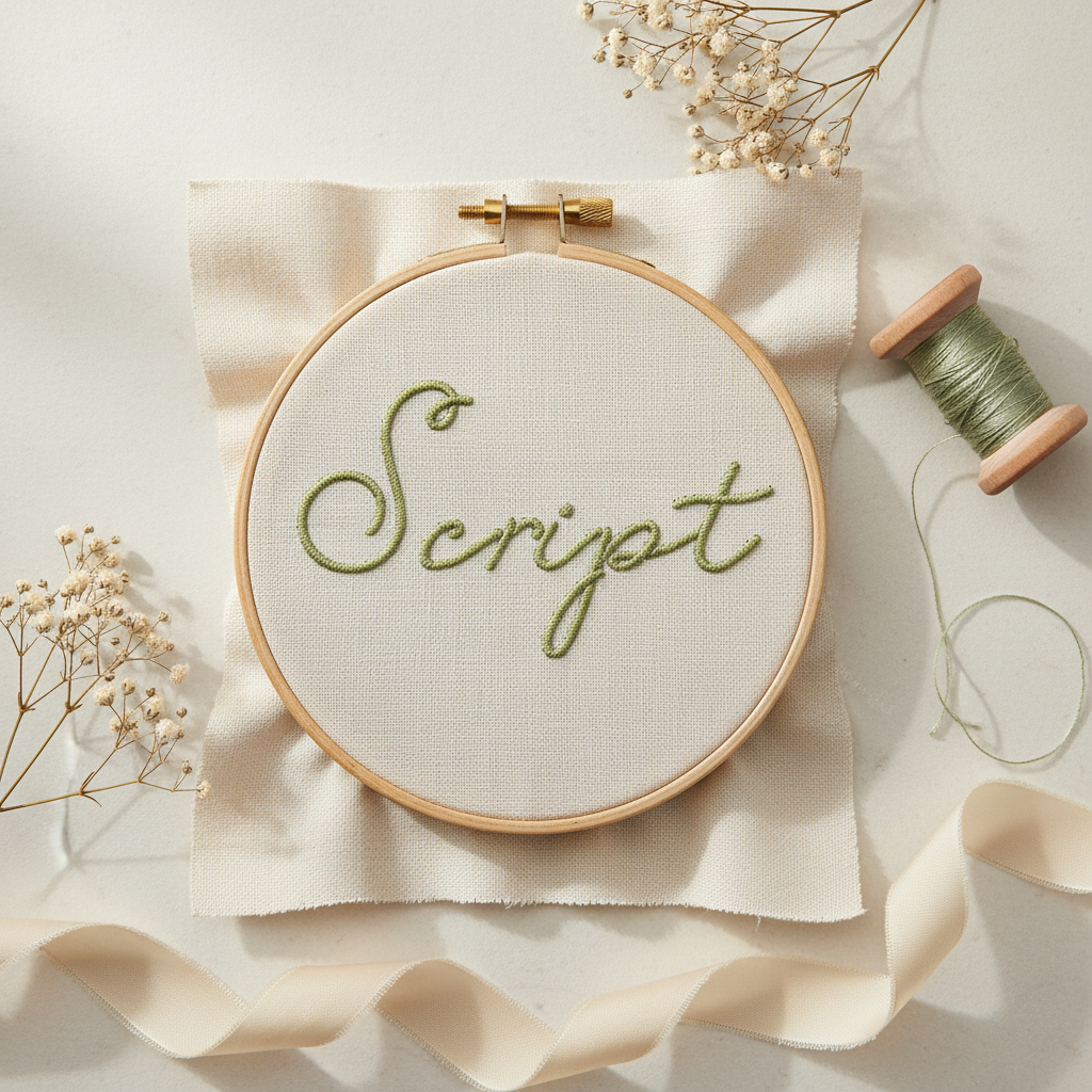 Olive green Script Embroidery Font stitched on ivory linen in a wooden hoop