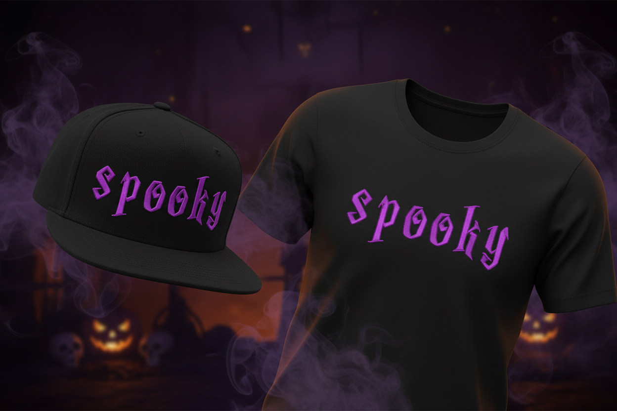 Spooky 3D puffy Halloween embroidery font mockup on black snapback cap and t-shirt