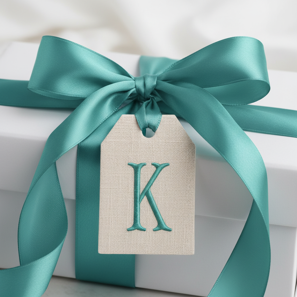 Teal K embroidery on bow tag