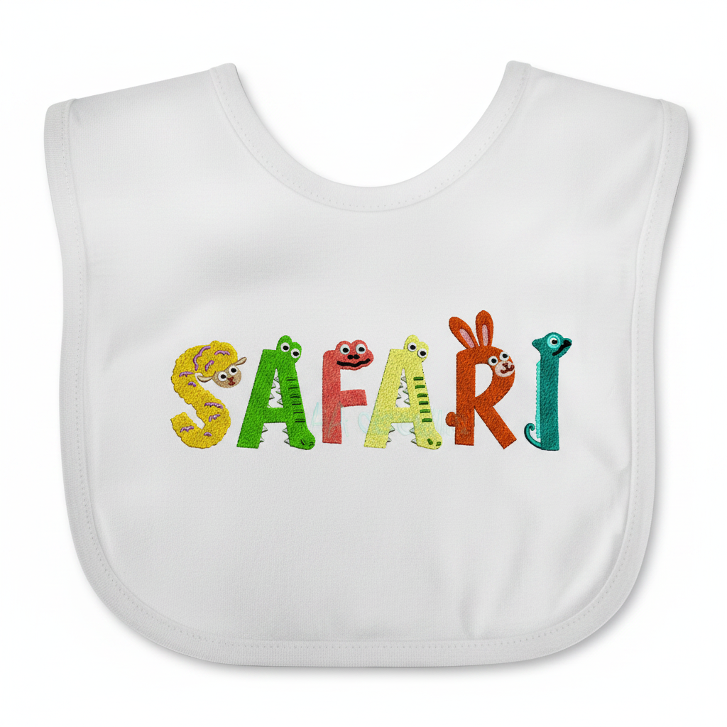 Safari embroidery font mockup on baby bib