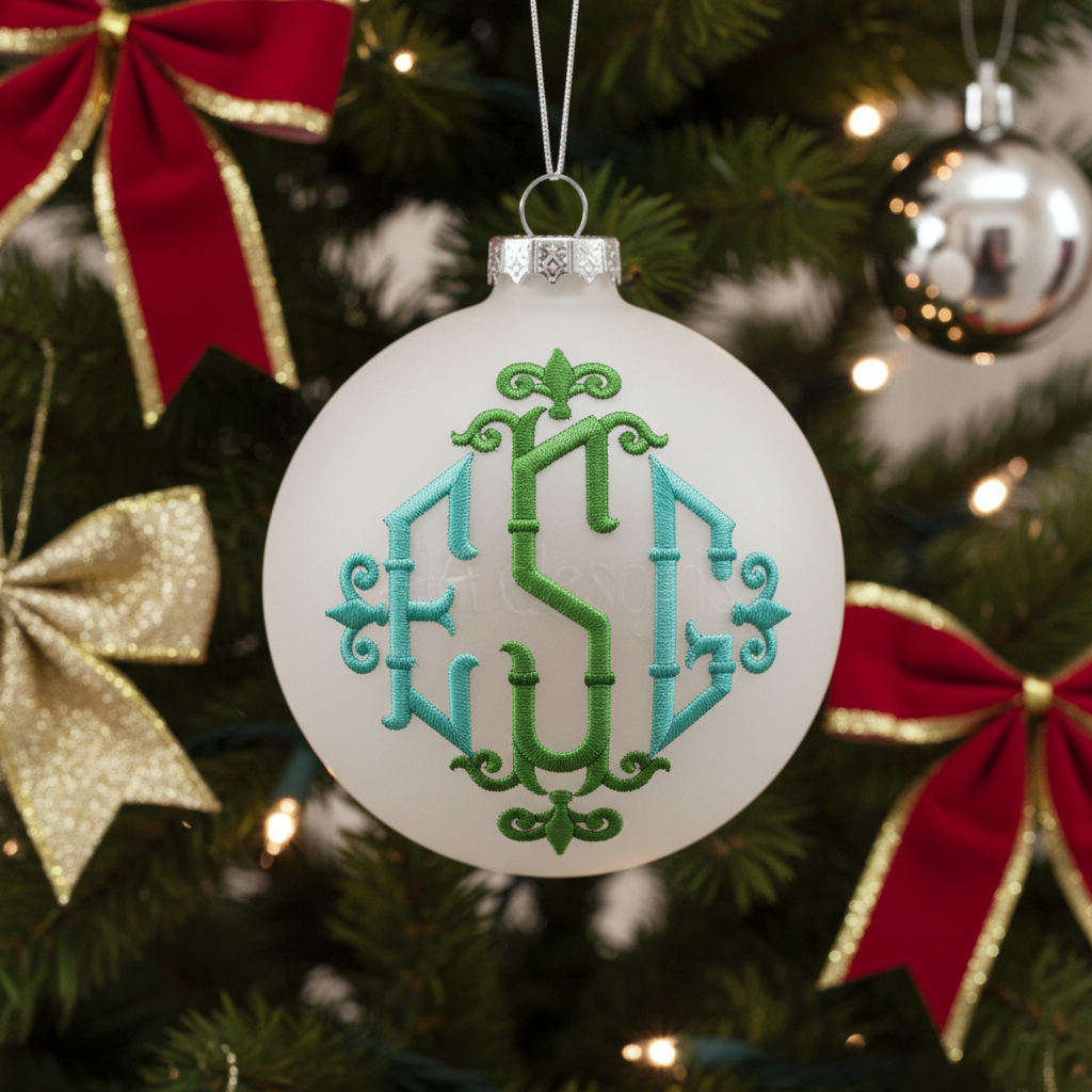 Fleur-de-lis monogram embroidery on Christmas ornament