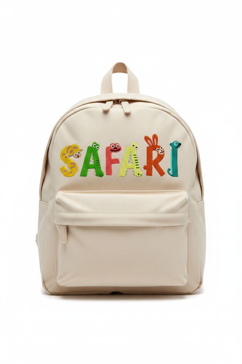 Safari embroidery font mockup on kids backpack