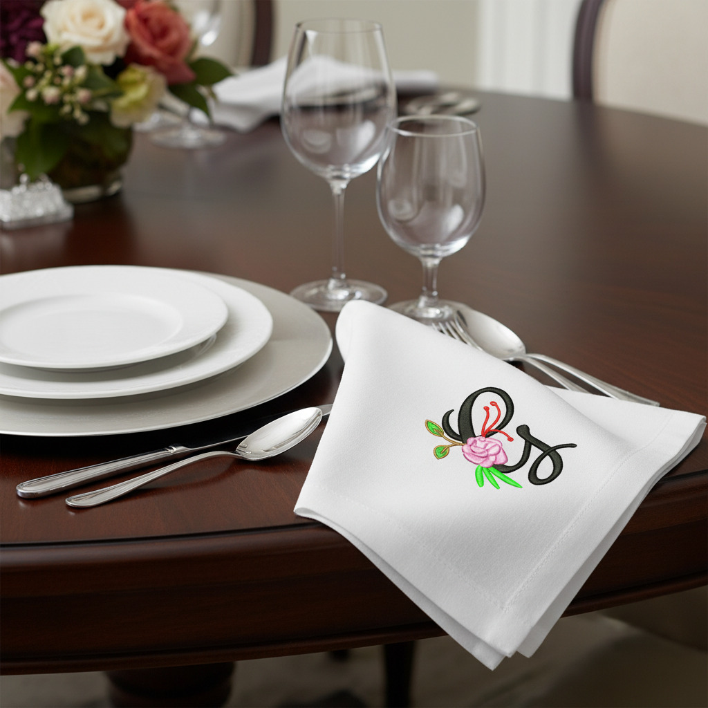 Embroidered floral script letter G on dinner napkin