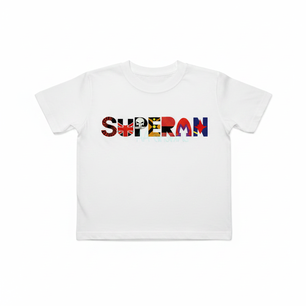 Superman embroidery font on white kids t-shirt